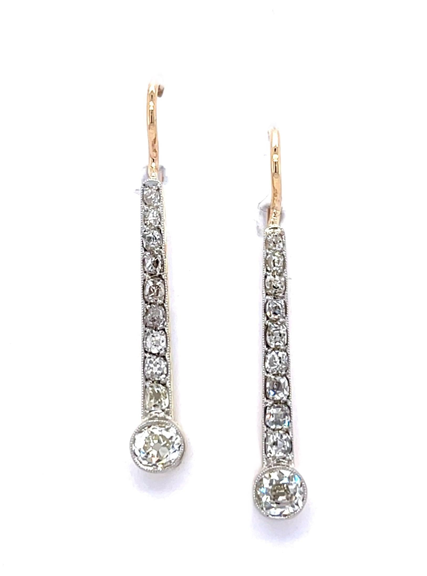 Edwardian .80ct (Two Old Euro Diamonds) PT+18KY Drop Earrings (Antique 1900s)