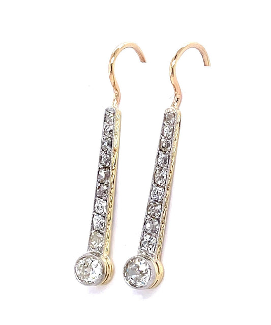 Edwardian .80ct (Two Old Euro Diamonds) PT+18KY Drop Earrings (Antique 1900s)