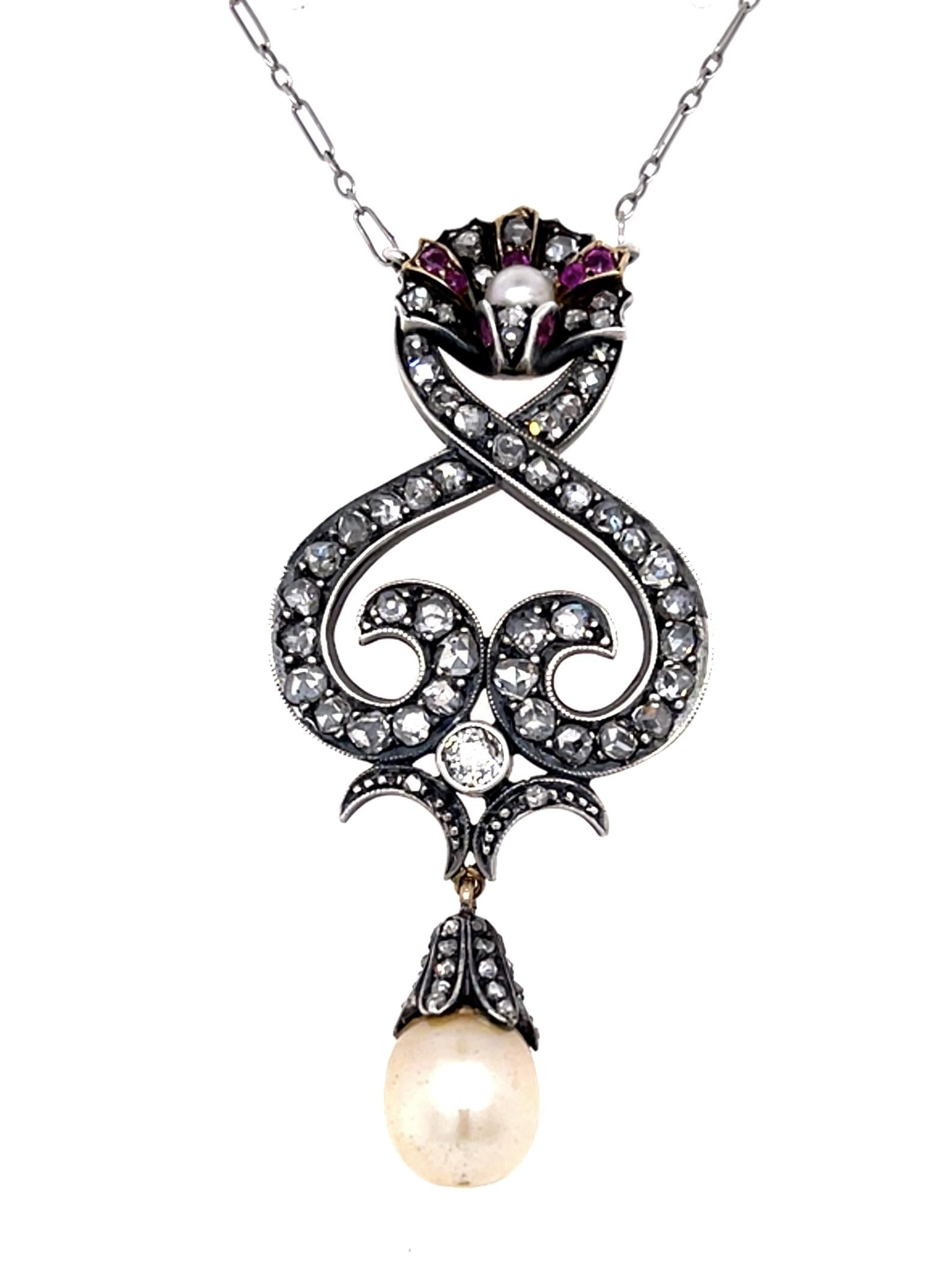 Original Victorian Natural Pearl + 2.50ct Diamond 14KY+Silver Pendant (1880s)