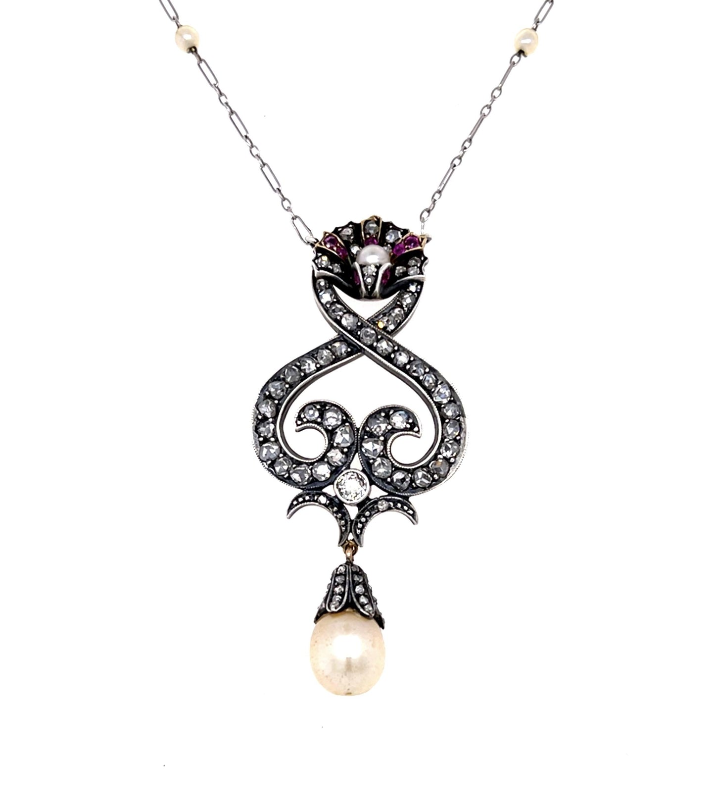 Original Victorian Natural Pearl + 2.50ct Diamond 14KY+Silver Pendant (1880s)