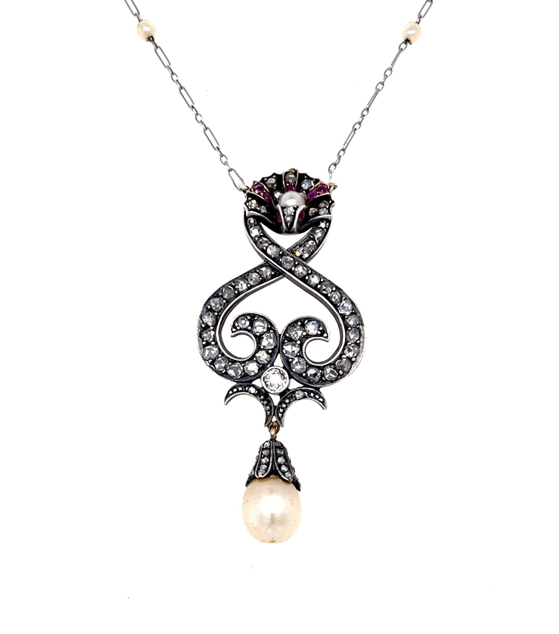 Original Victorian Natural Pearl + 2.50ct Diamond 14KY+Silver Pendant (1880s)