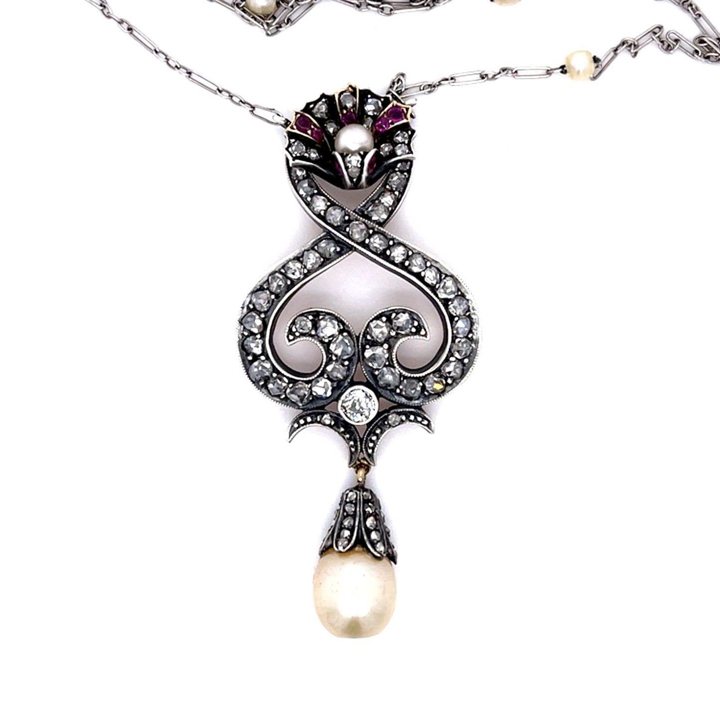 Original Victorian Natural Pearl + 2.50ct Diamond 14KY+Silver Pendant (1880s)