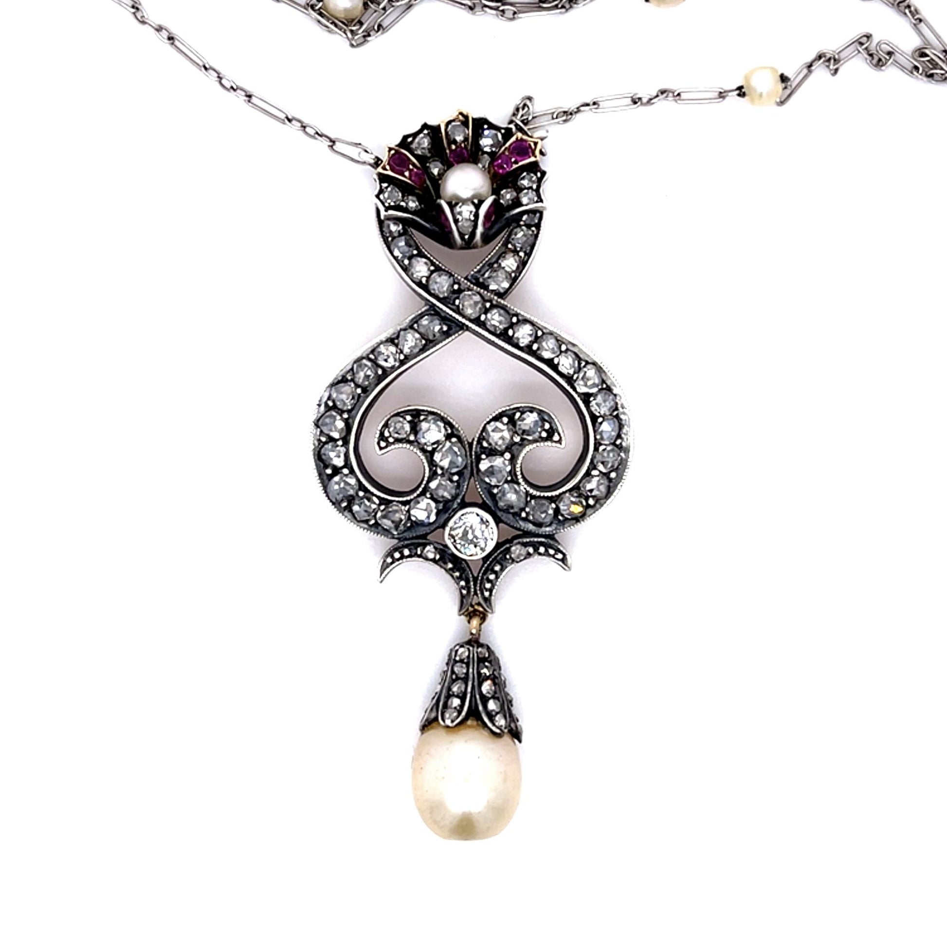 Original Victorian Natural Pearl + 2.50ct Diamond 14KY+Silver Pendant (1880s)