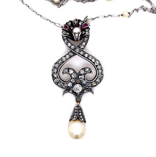 Original Victorian Natural Pearl + 2.50ct Diamond 14KY+Silver Pendant (1880s)