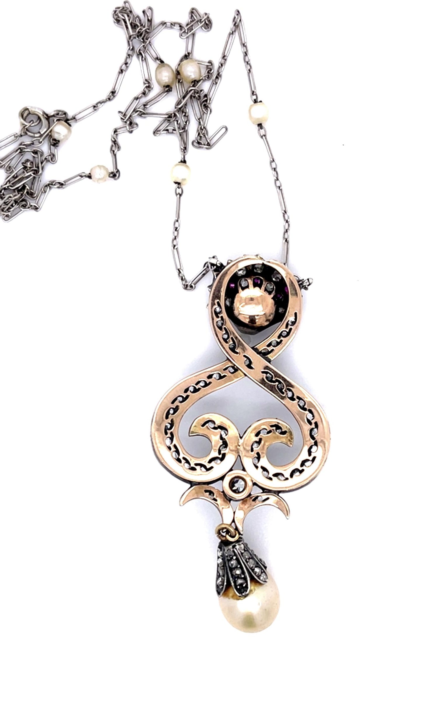 Original Victorian Natural Pearl + 2.50ct Diamond 14KY+Silver Pendant (1880s)