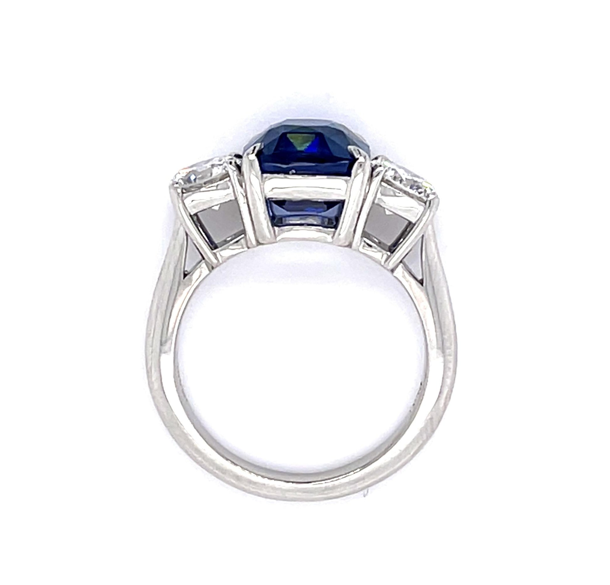 4.05ct Cushion Heated Sapphire Platinum Three Stone Ring