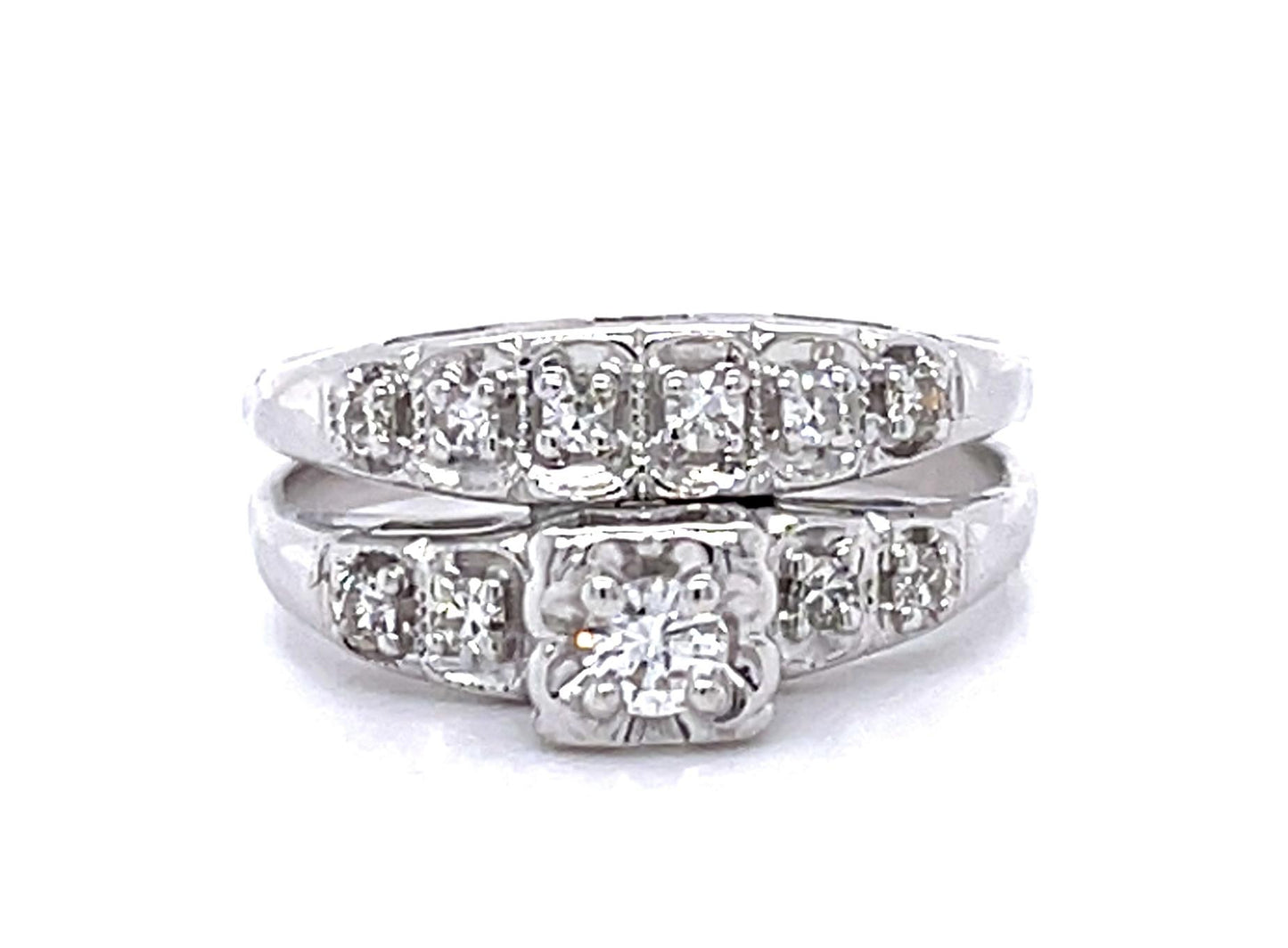 .15ct Round Diamond 14KW Wedding Set Ring (Vintage 1950s) .20ct SD