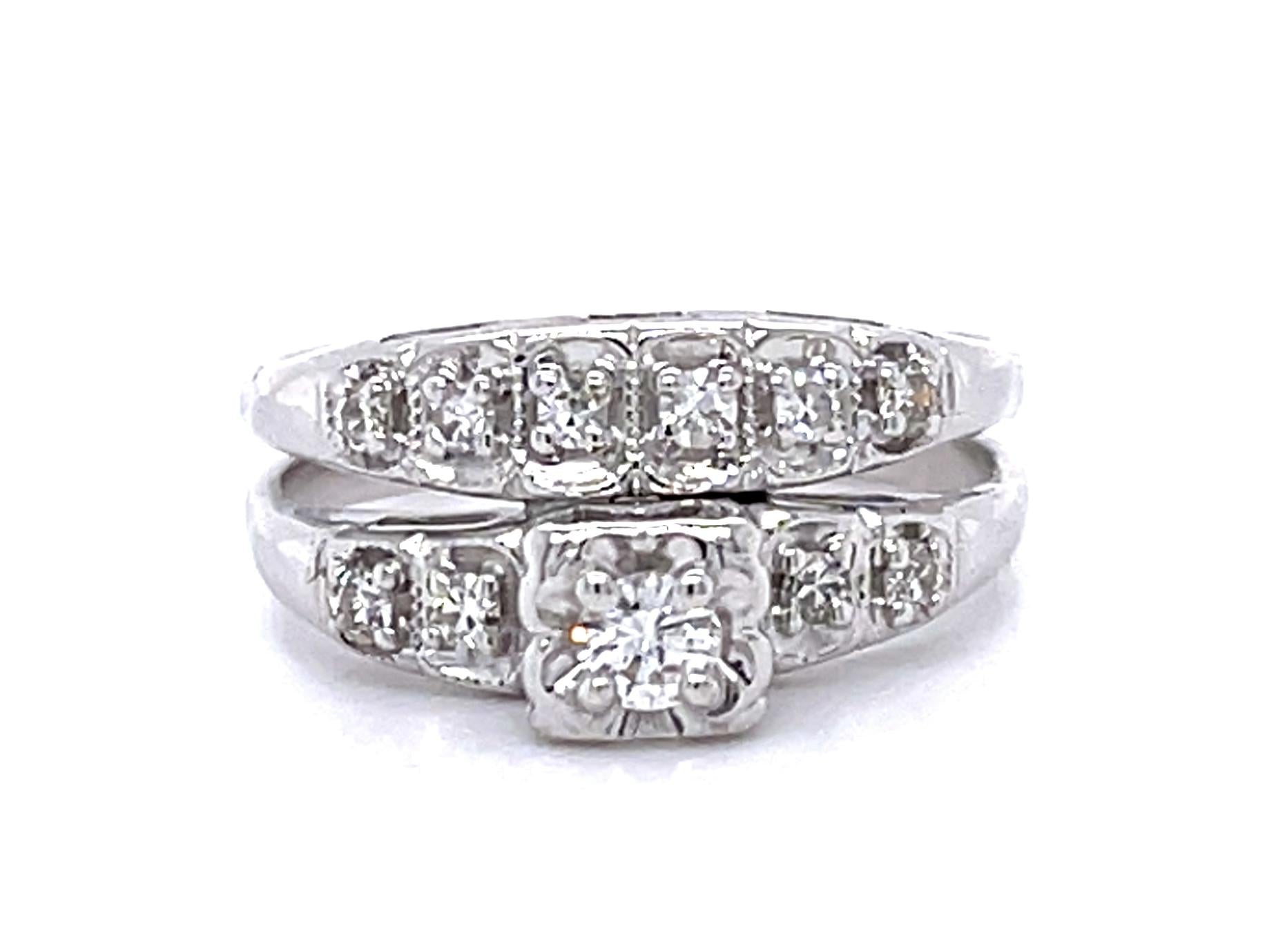 .15ct Round Diamond 14KW Wedding Set Ring (Vintage 1950s) .20ct SD