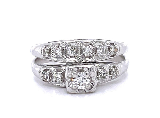 .15ct Round Diamond 14KW Wedding Set Ring (Vintage 1950s) .20ct SD