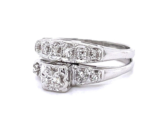 .15ct Round Diamond 14KW Wedding Set Ring (Vintage 1950s) .20ct SD