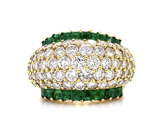 6ct Diamond (68 Stones) 3.50ct Emerald 18KY Dome Ring (Vintage 1970s)