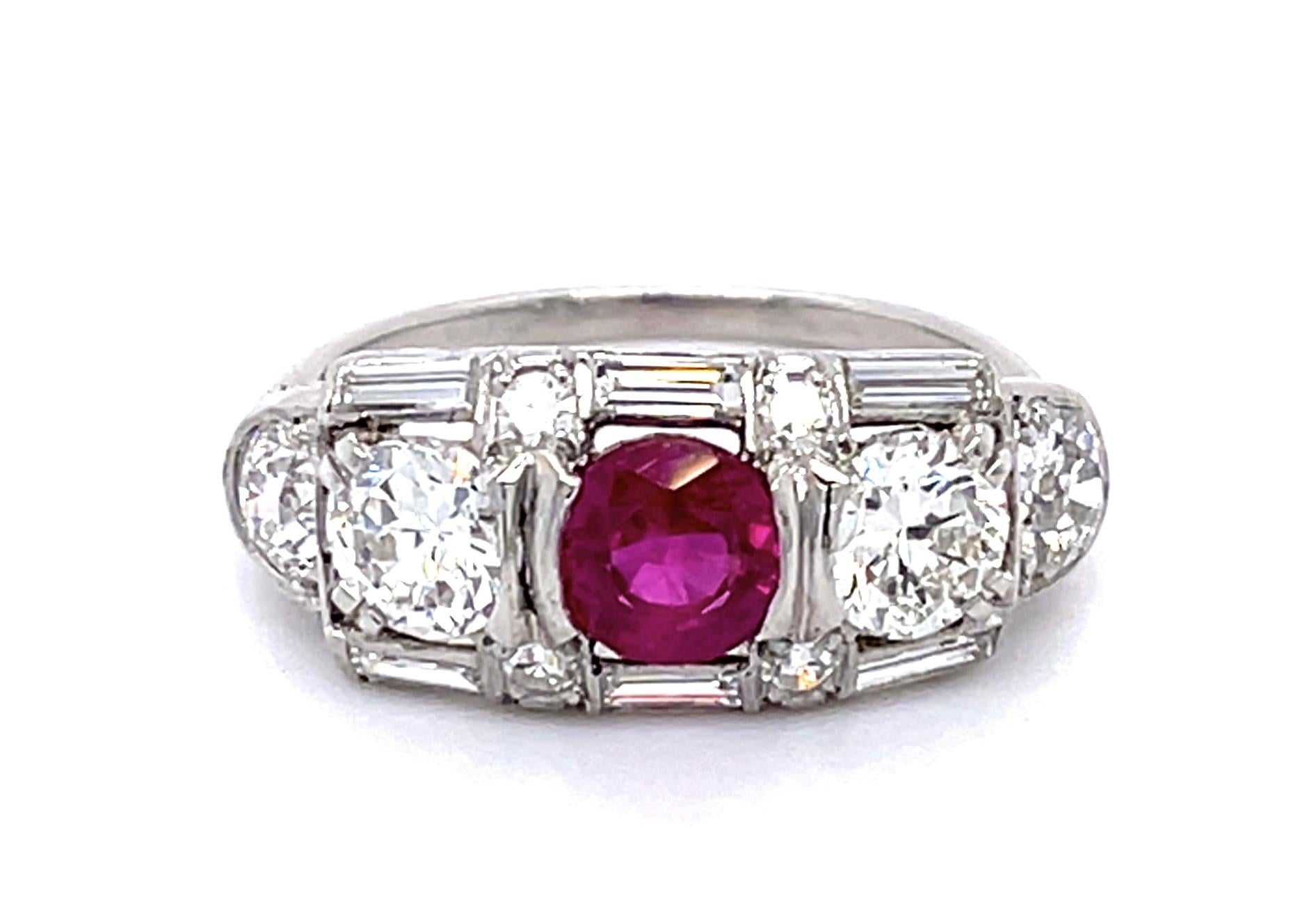 Original Art Deco 1.04ct Ruby Platinum Three Stone Ring (Vintage 1930s)