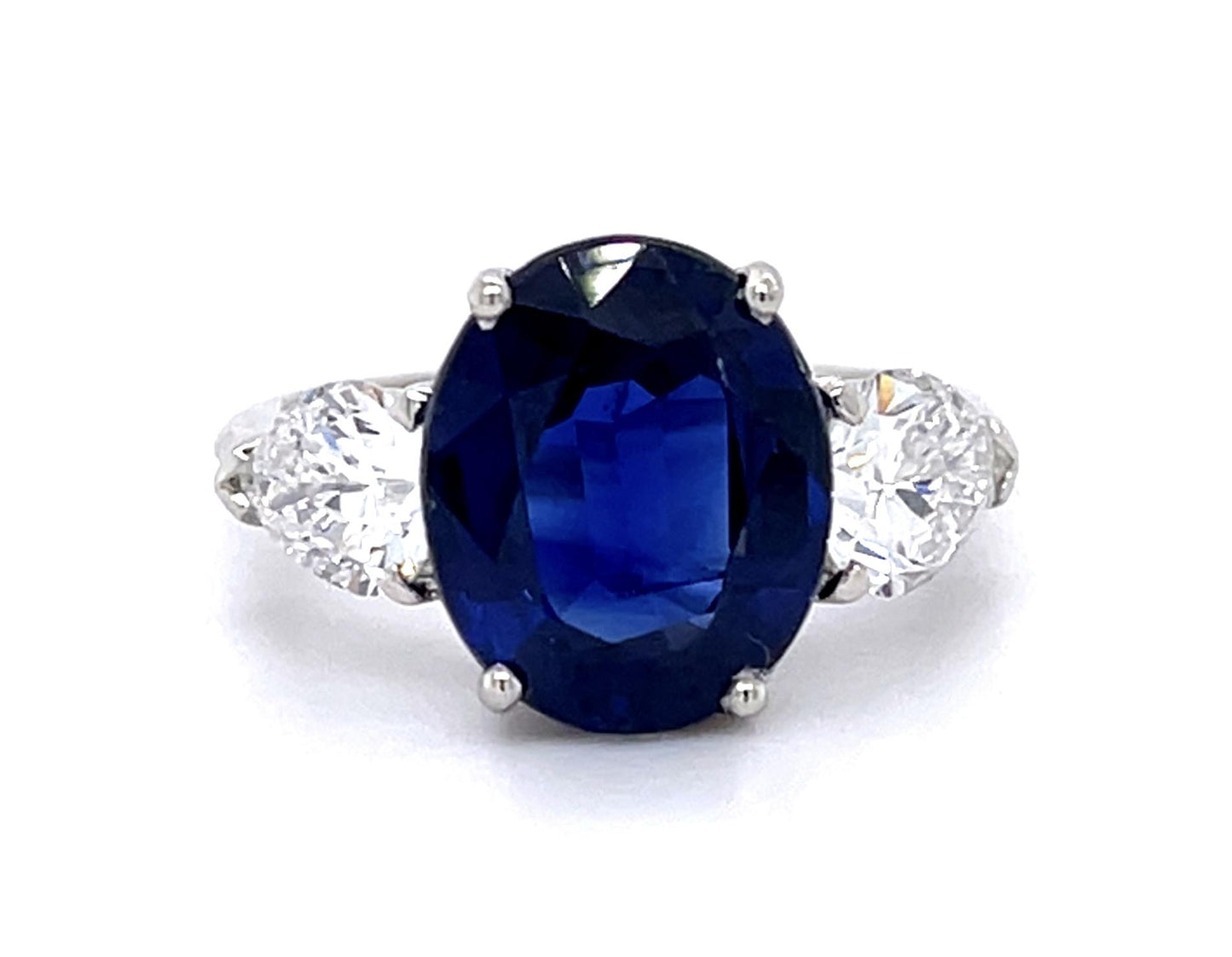 Original 4.47ct Oval Sapphire 1.10ct Pear Diamond PT Three Stone Ring