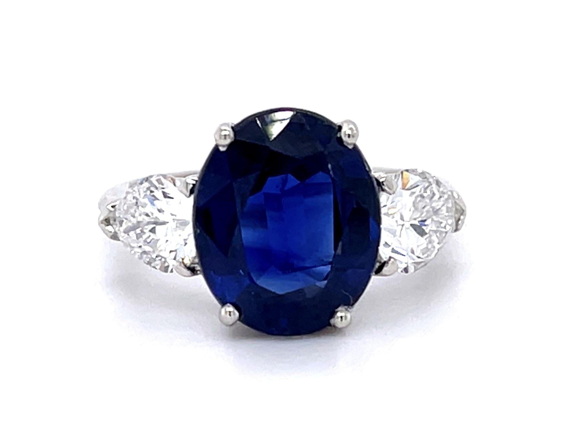 Original 4.47ct Oval Sapphire 1.10ct Pear Diamond PT Three Stone Ring