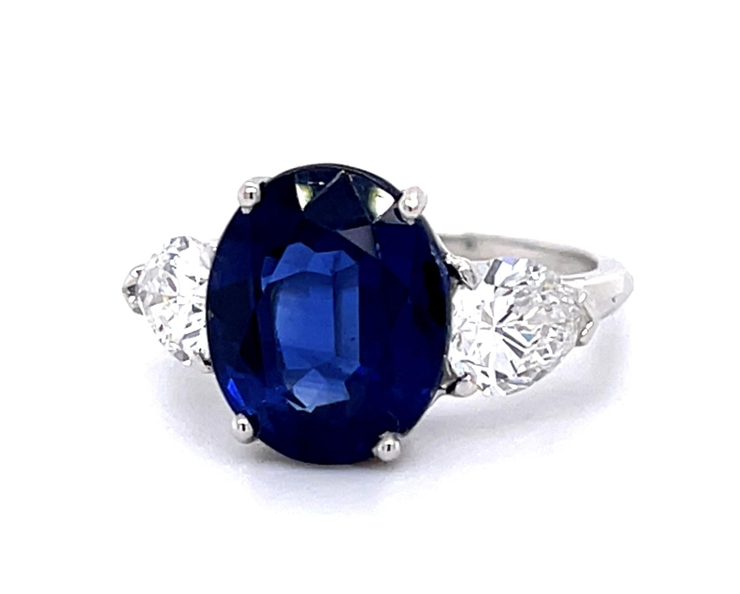 Original 4.47ct Oval Sapphire 1.10ct Pear Diamond PT Three Stone Ring