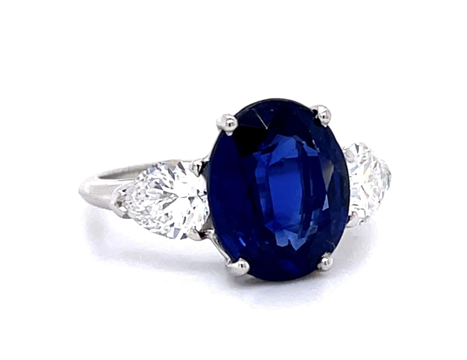 Original 4.47ct Oval Sapphire 1.10ct Pear Diamond PT Three Stone Ring