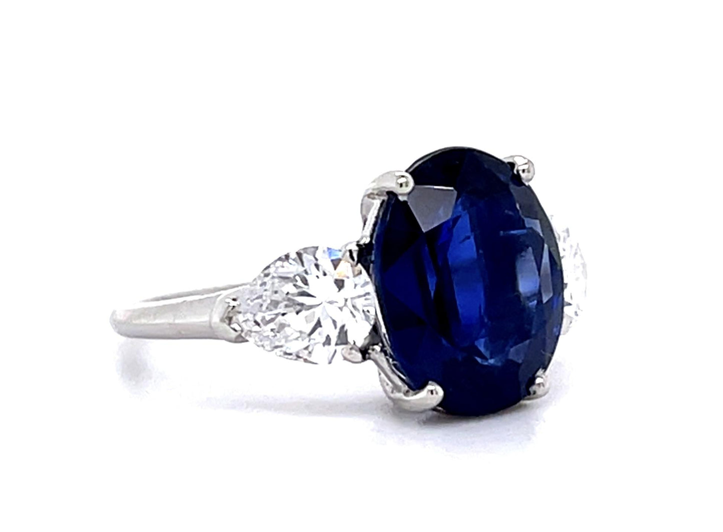 Original 4.47ct Oval Sapphire 1.10ct Pear Diamond PT Three Stone Ring