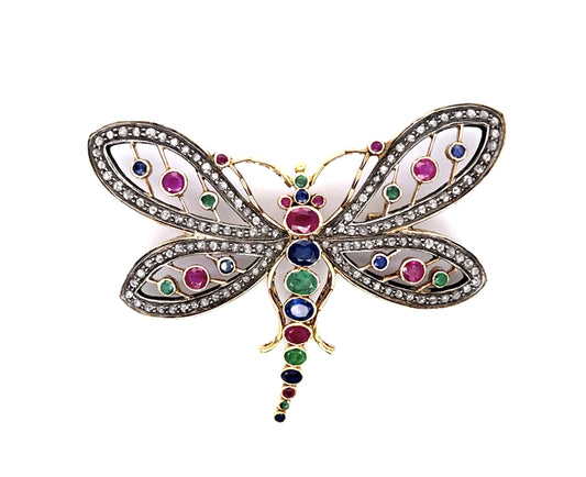 2.60ct Diamond 2ct Ruby 1ct Emerald 18KY+Silver Dragonfly Brooch/Pendant
