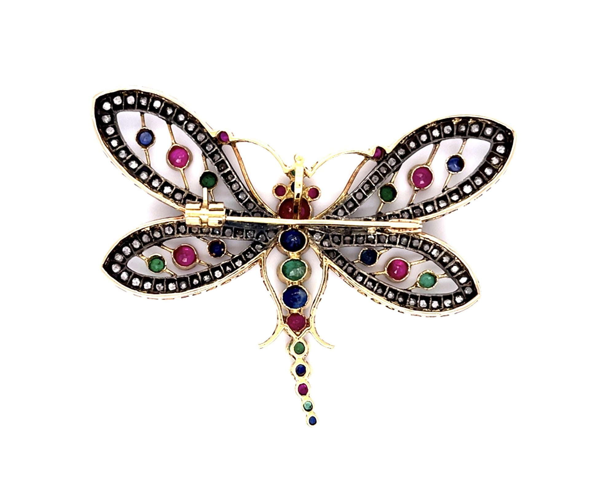 2.60ct Diamond 2ct Ruby 1ct Emerald 18KY+Silver Dragonfly Brooch/Pendant