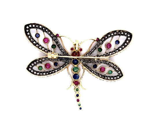 2.60ct Diamond 2ct Ruby 1ct Emerald 18KY+Silver Dragonfly Brooch/Pendant