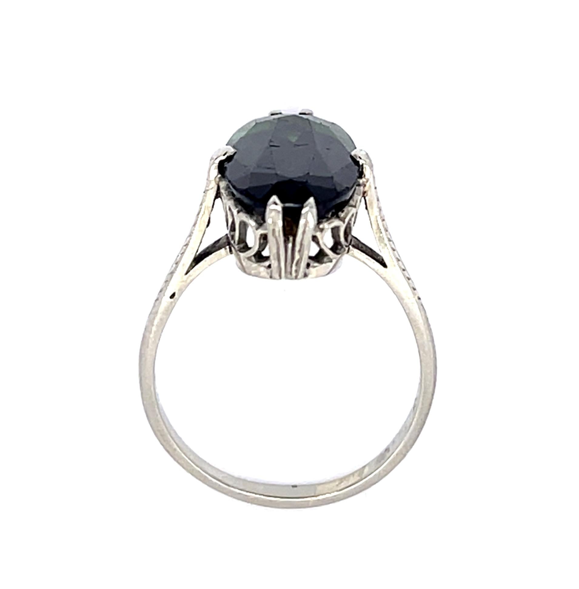 Original Art Deco 6.50ct Green Oval Tourmaline 18KW Ring (Vintage 1930s)