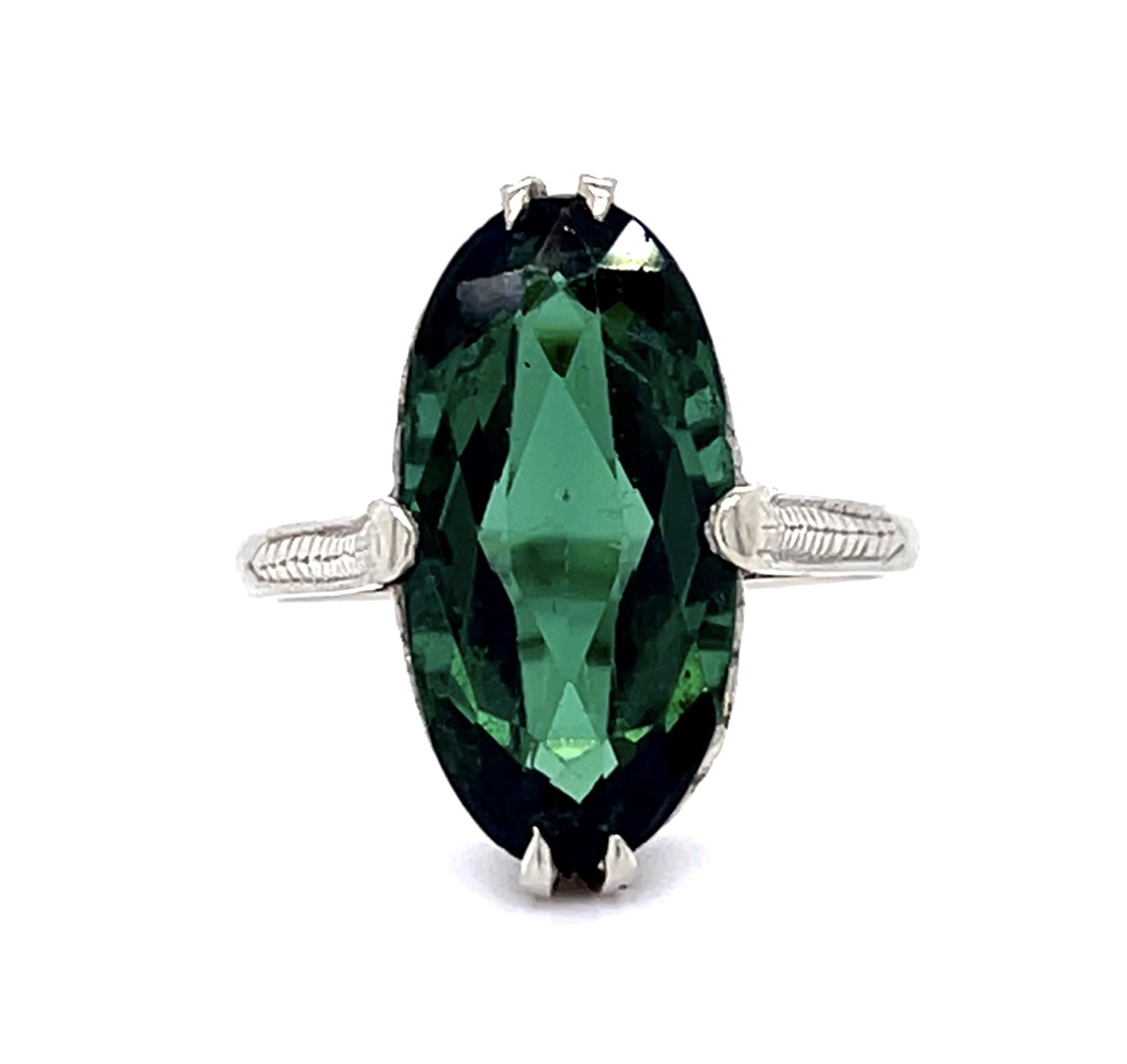 Original Art Deco 6.50ct Green Oval Tourmaline 18KW Ring (Vintage 1930s)