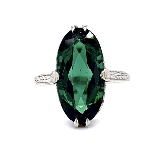 Original Art Deco 6.50ct Green Oval Tourmaline 18KW Ring (Vintage 1930s)
