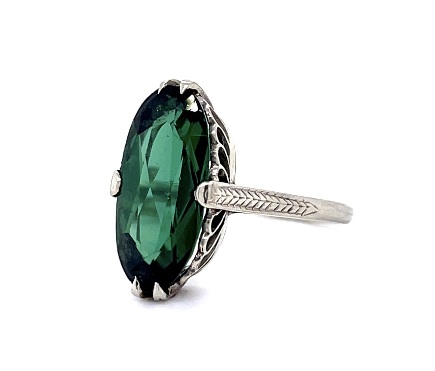Original Art Deco 6.50ct Green Oval Tourmaline 18KW Ring (Vintage 1930s)