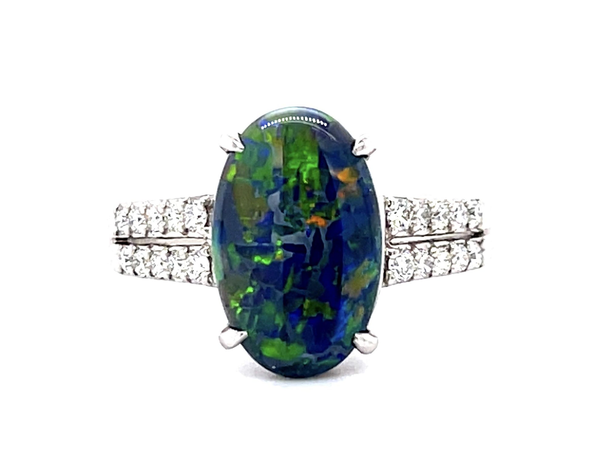 1.92ct Australian Black Opal Cabochon .22ctw Diamond Platinum Ring