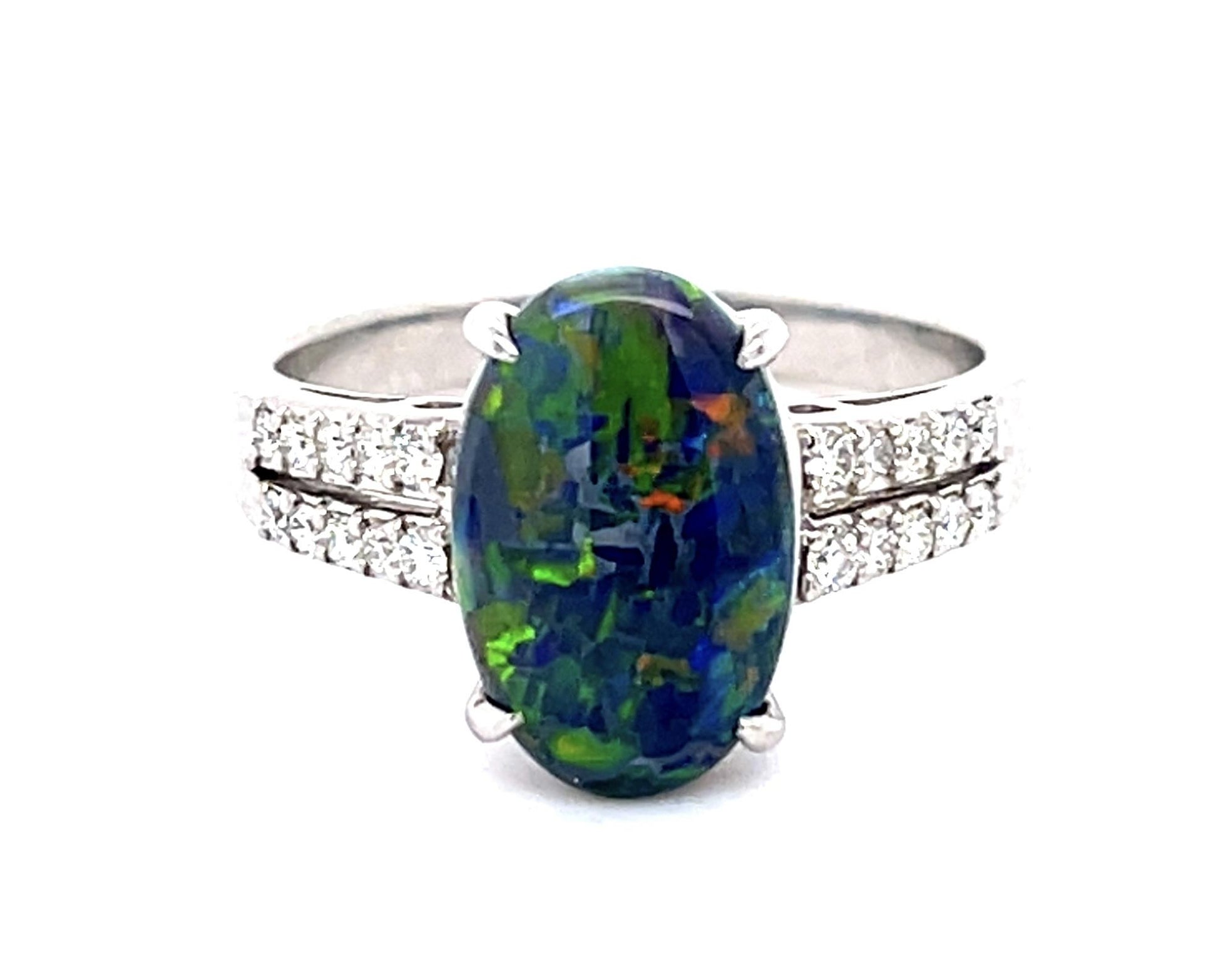 1.92ct Australian Black Opal Cabochon .22ctw Diamond Platinum Ring