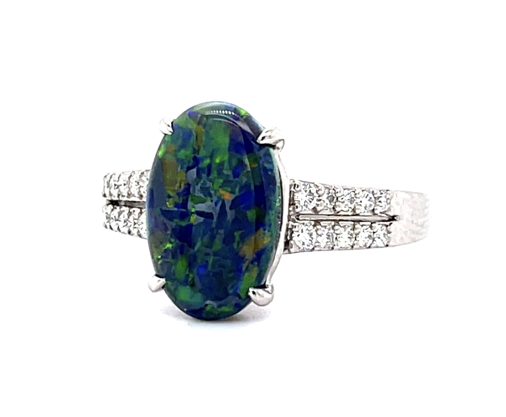 1.92ct Australian Black Opal Cabochon .22ctw Diamond Platinum Ring