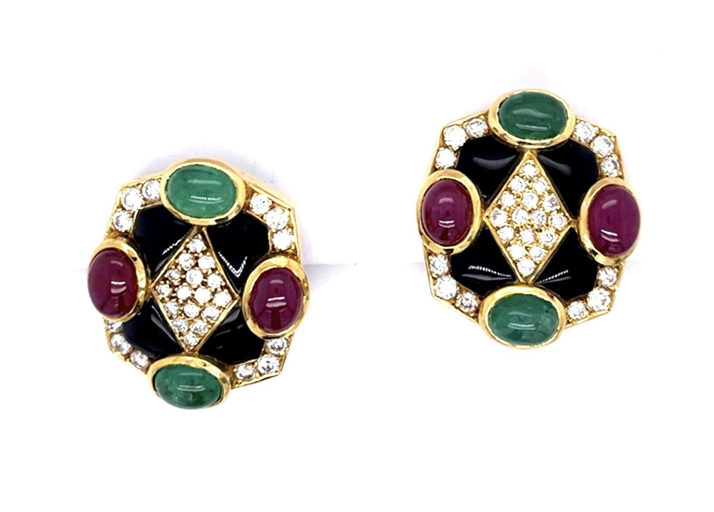 3ct Diamond 7ct Cab Ruby 6ct Cab Emerald 18KY Earrings (Vintage 1960s) 28.30g