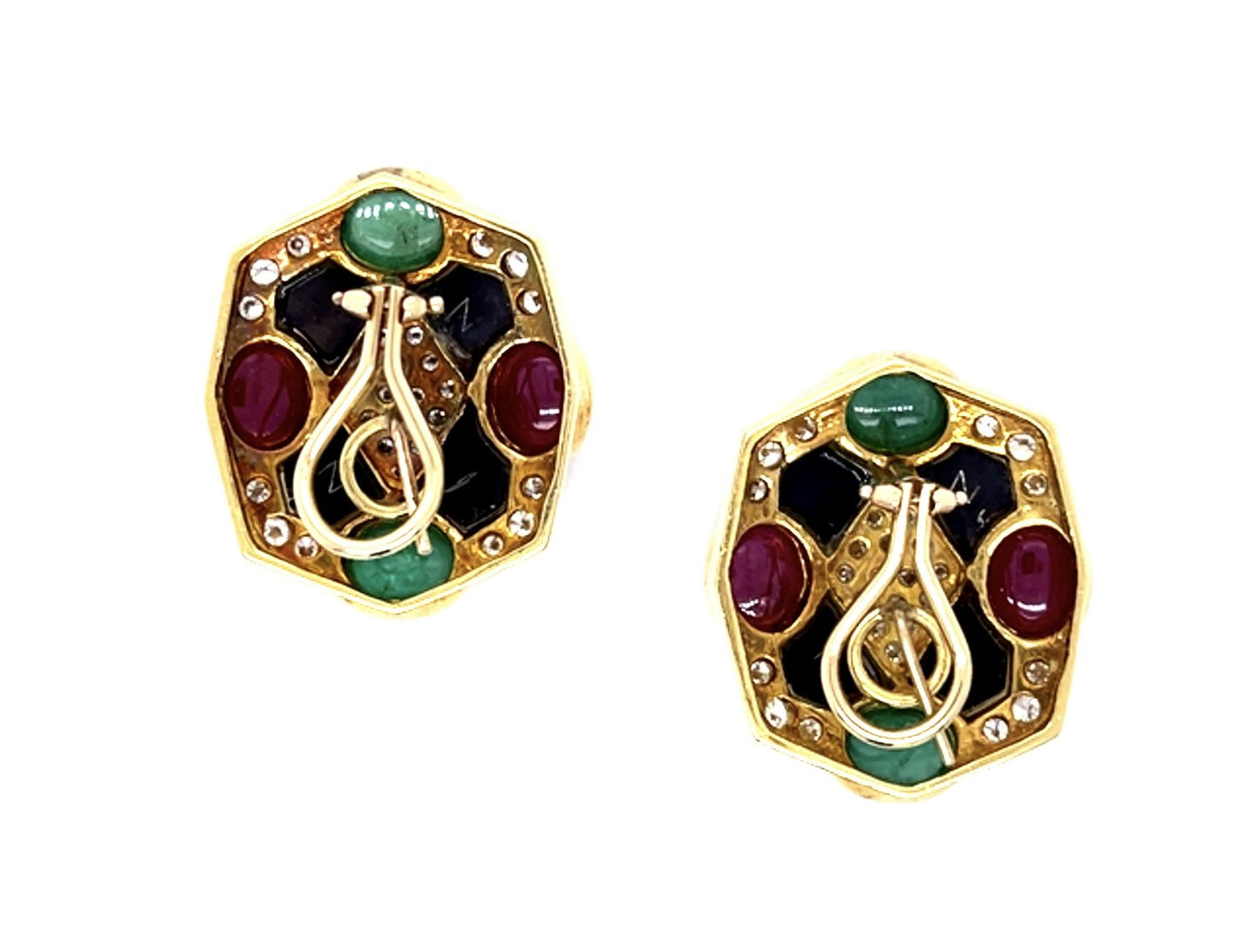3ct Diamond 7ct Cab Ruby 6ct Cab Emerald 18KY Earrings (Vintage 1960s) 28.30g