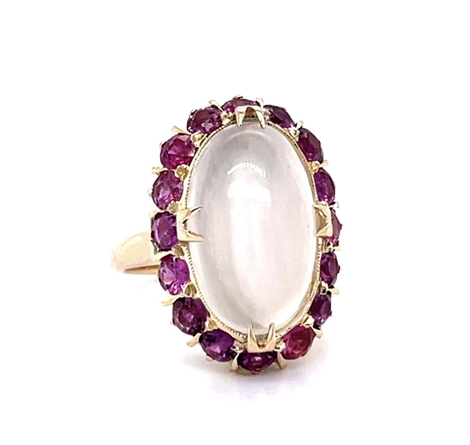 5ct Moonstone 2ct Ruby 14KY Ring (Vintage 1940s)