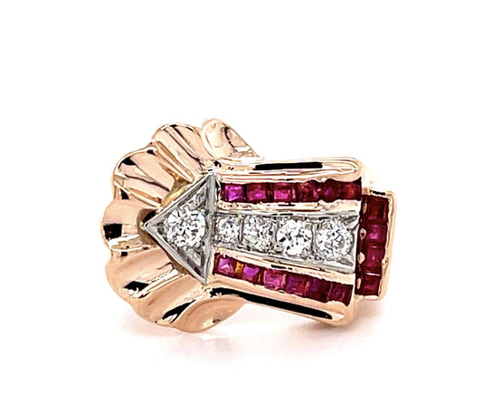 Original Retro .40ct Diamond .70ct Ruby 14K Rose Gold Ring (Vintage 1940s)