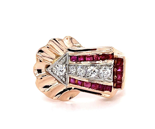 Original Retro .40ct Diamond .70ct Ruby 14K Rose Gold Ring (Vintage 1940s)