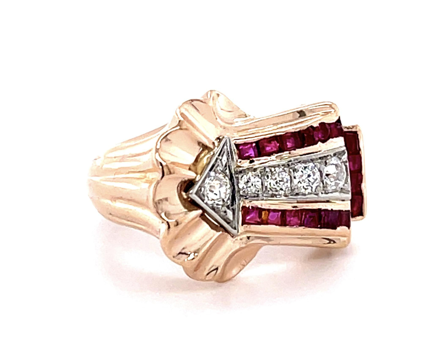 Original Retro .40ct Diamond .70ct Ruby 14K Rose Gold Ring (Vintage 1940s)