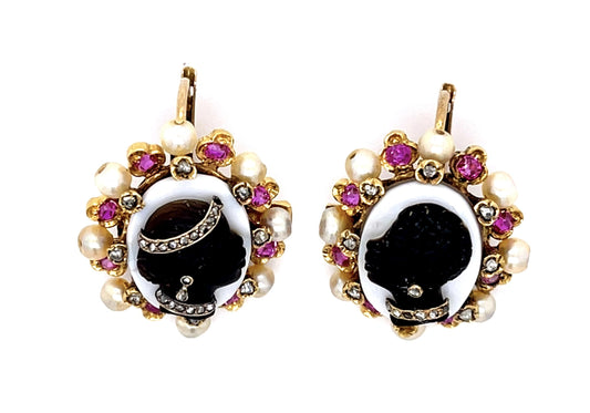 Original Victorian Blackamoor Women Carvings 18KY Cameo Habillé Earrings