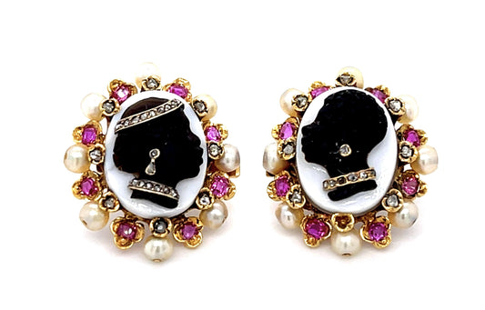 Original Victorian Blackamoor Women Carvings 18KY Cameo Habillé Earrings