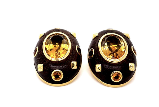26ct Citrine+Wood 18KY Designer Custom Made Clip On Earrings (Vintage 1980s)