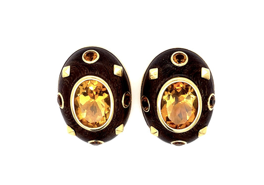 26ct Citrine+Wood 18KY Designer Custom Made Clip On Earrings (Vintage 1980s)