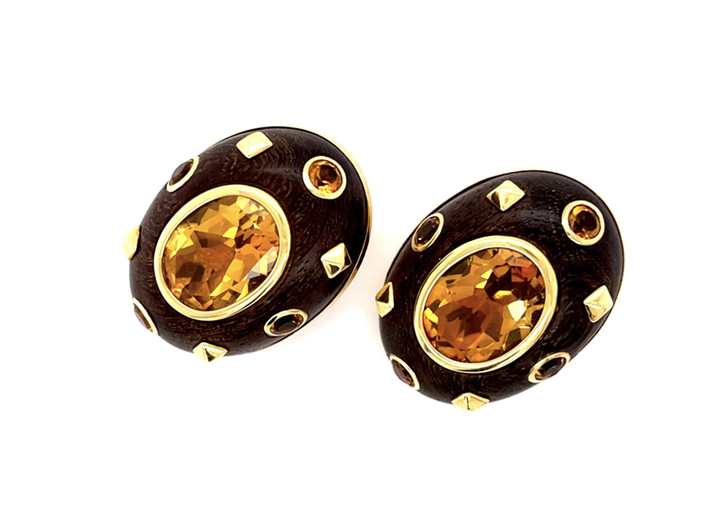 26ct Citrine+Wood 18KY Designer Custom Made Clip On Earrings (Vintage 1980s)
