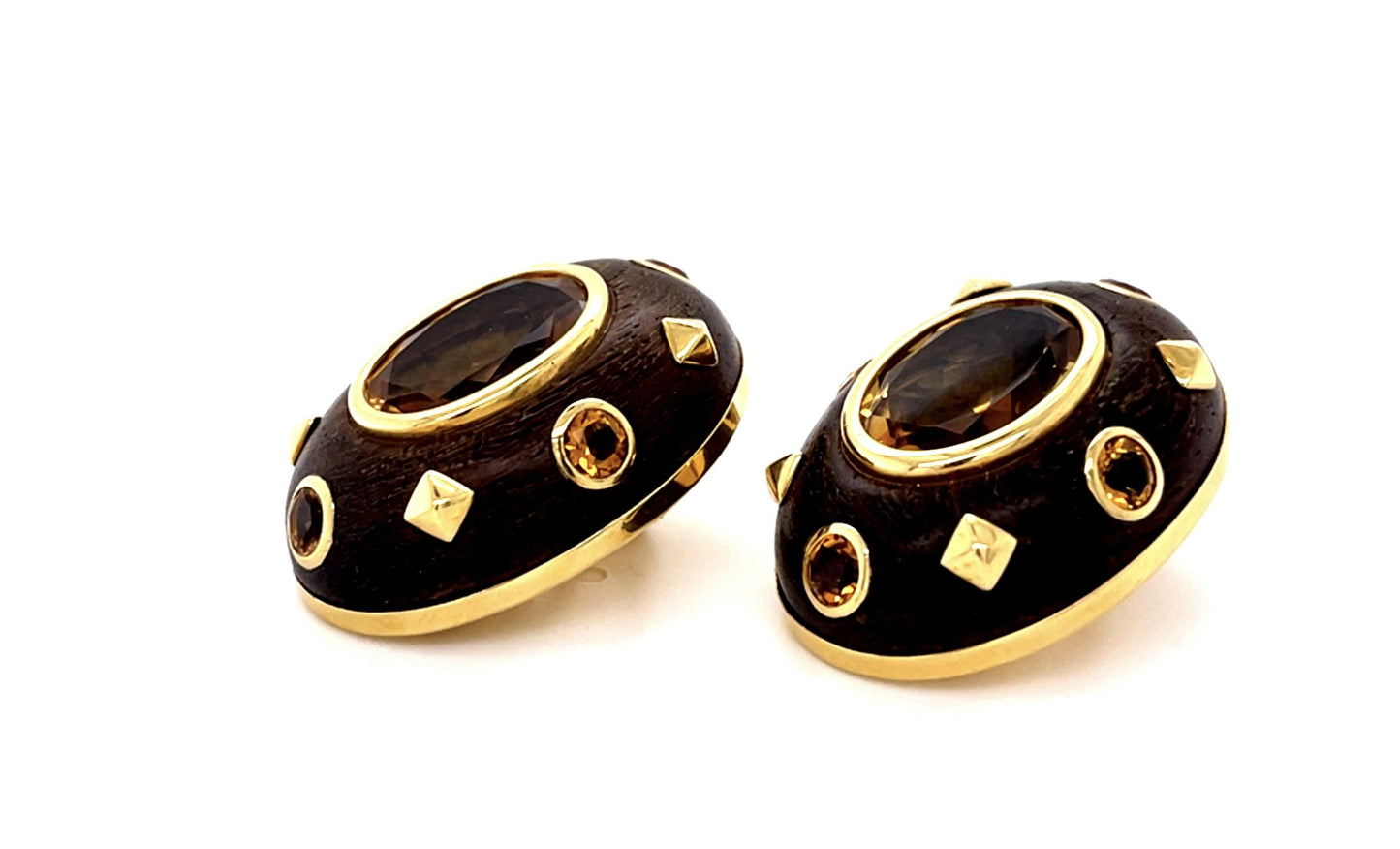 26ct Citrine+Wood 18KY Designer Custom Made Clip On Earrings (Vintage 1980s)