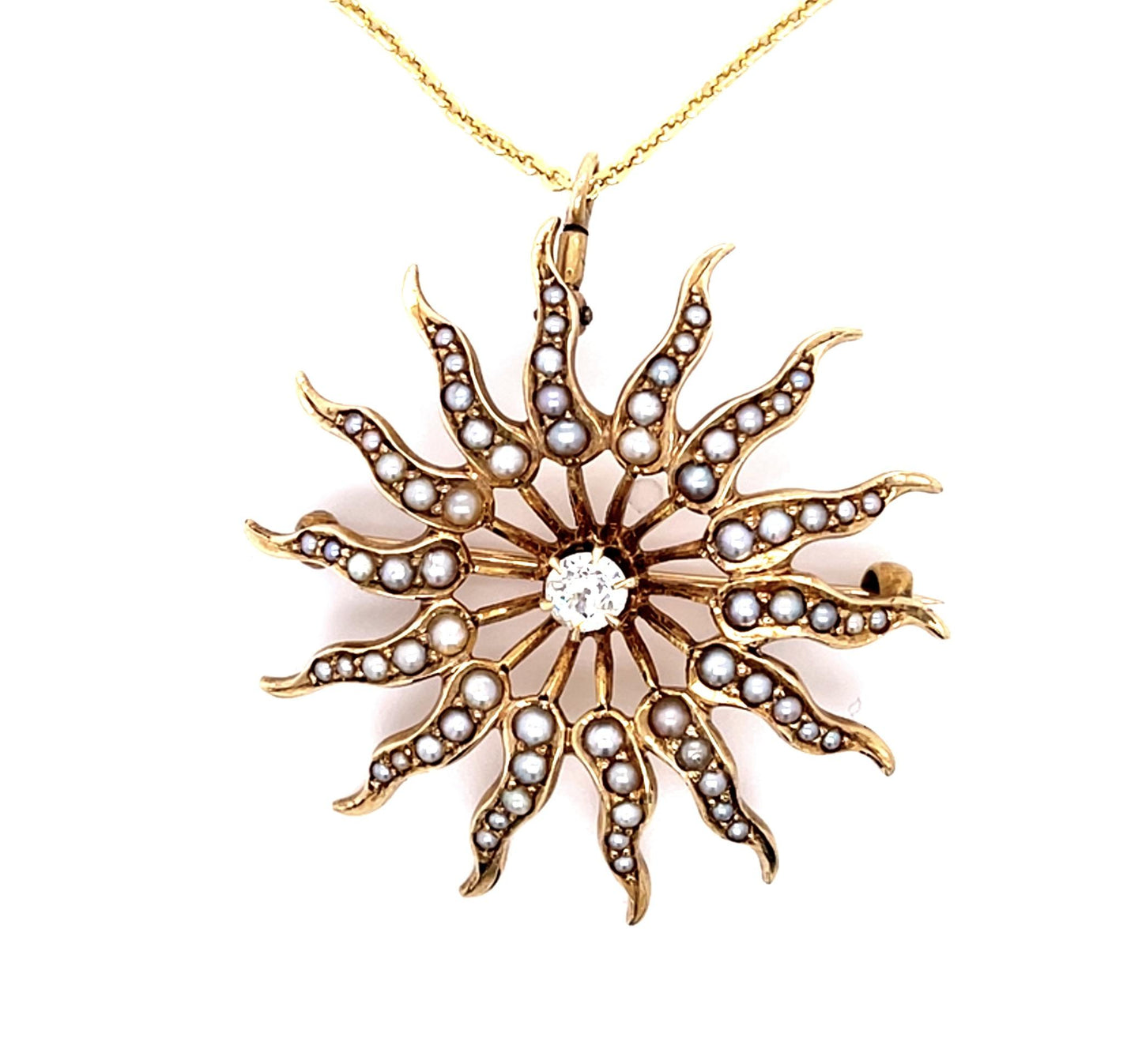 Original Victorian .35ct Diamond + Pearl 14KY Sunburst Pendant (Antique 1880s)