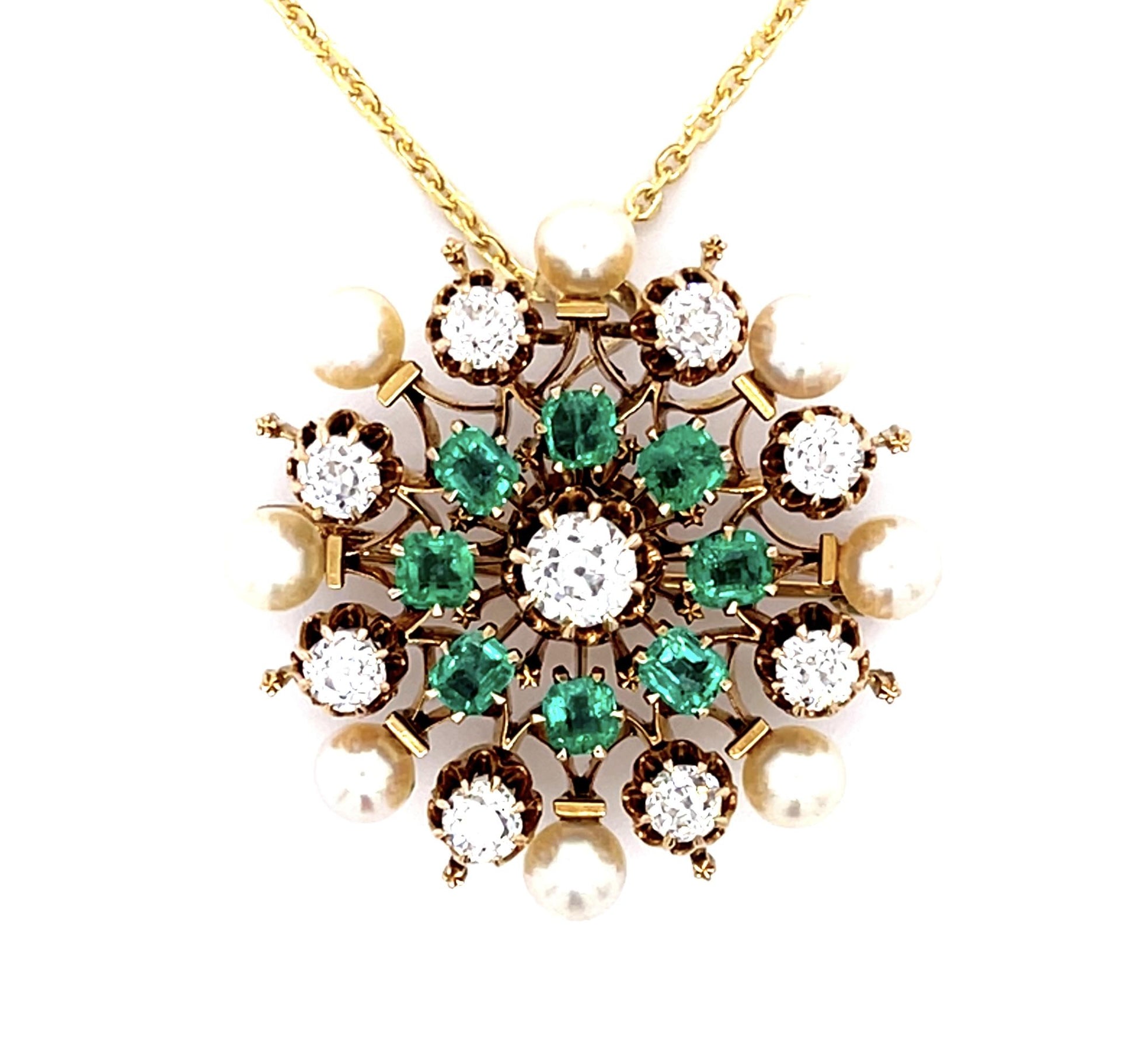 Original Victorian 1.50ct Old European Diamond 1ct Emerald 14KY Pendant Brooch