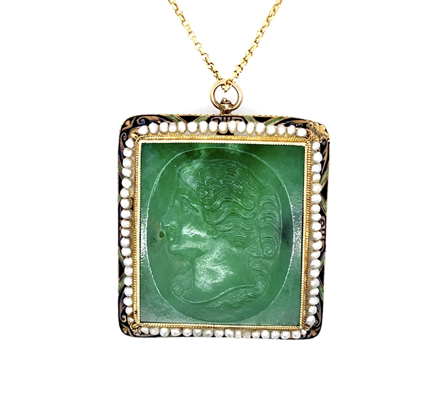 Original Art Deco Carved Chrysoprase, Sea Pearl, Enamel Pendant 14KY Brooch