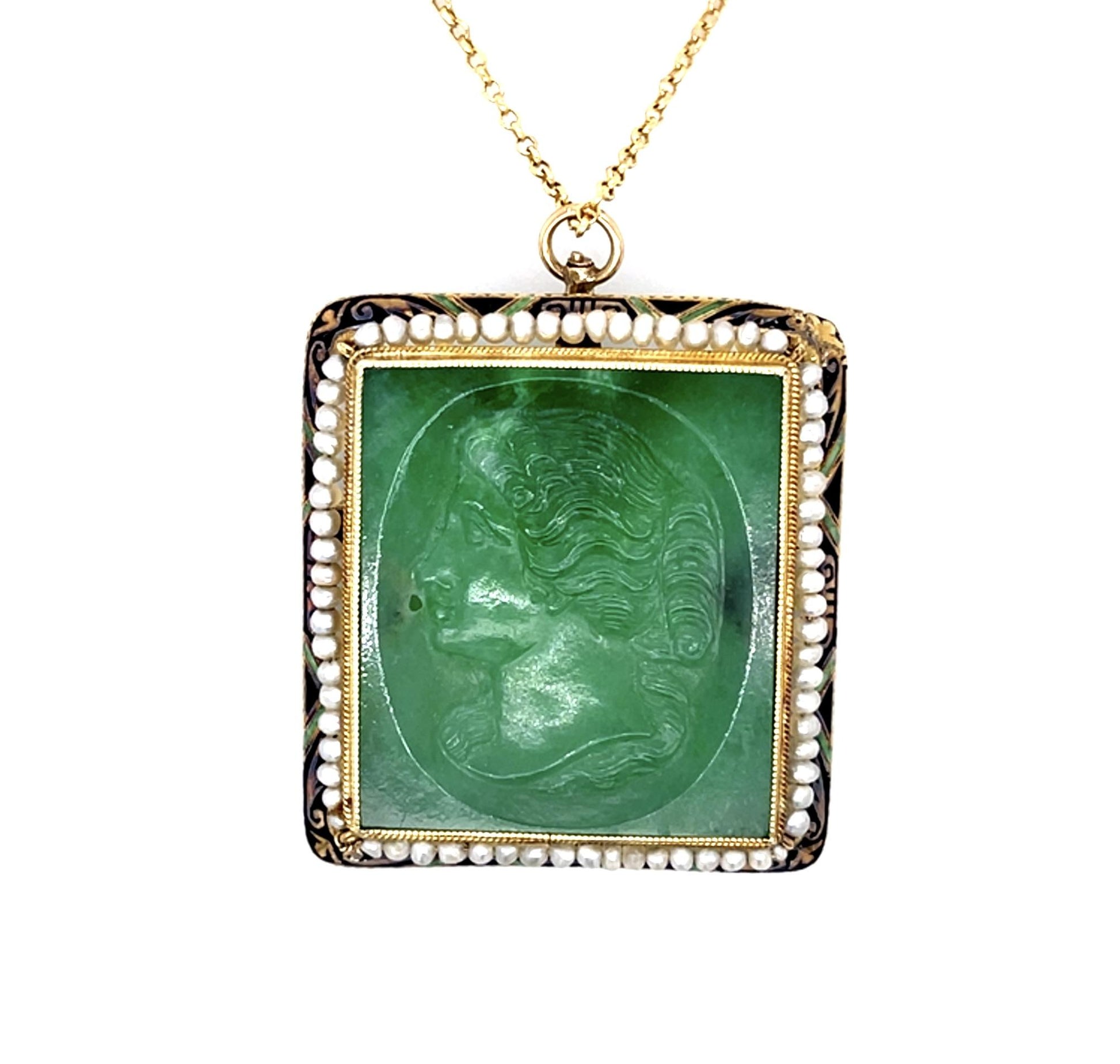 Original Art Deco Carved Chrysoprase, Sea Pearl, Enamel Pendant 14KY Brooch