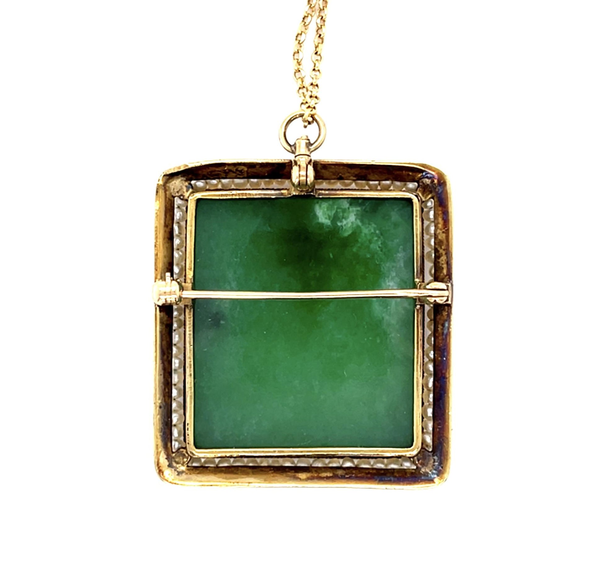 Original Art Deco Carved Chrysoprase, Sea Pearl, Enamel Pendant 14KY Brooch