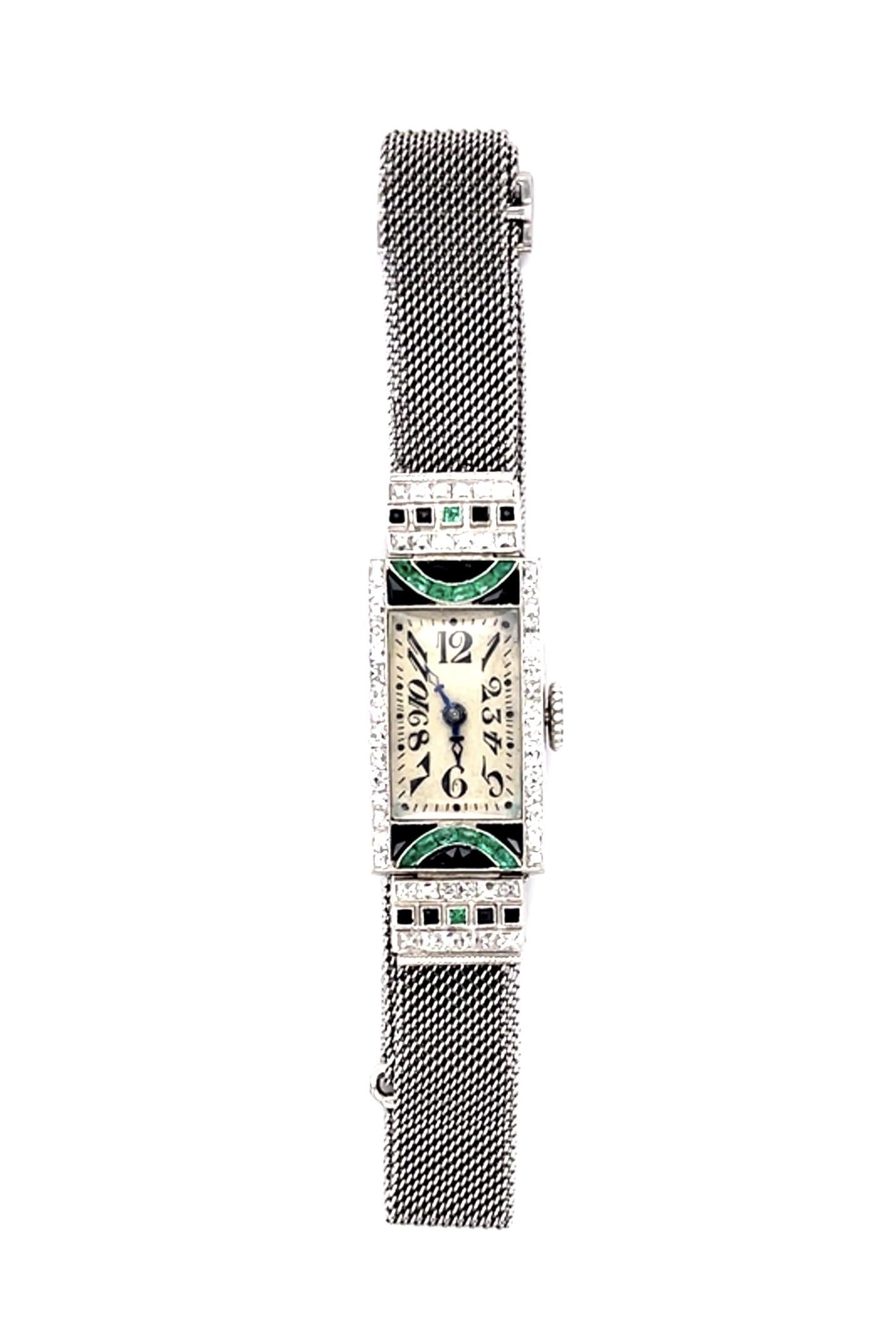 Art Deco (Circa 1920s) Antique PT Watch 1.55ct French-cut Diamonds .55ct Emerald