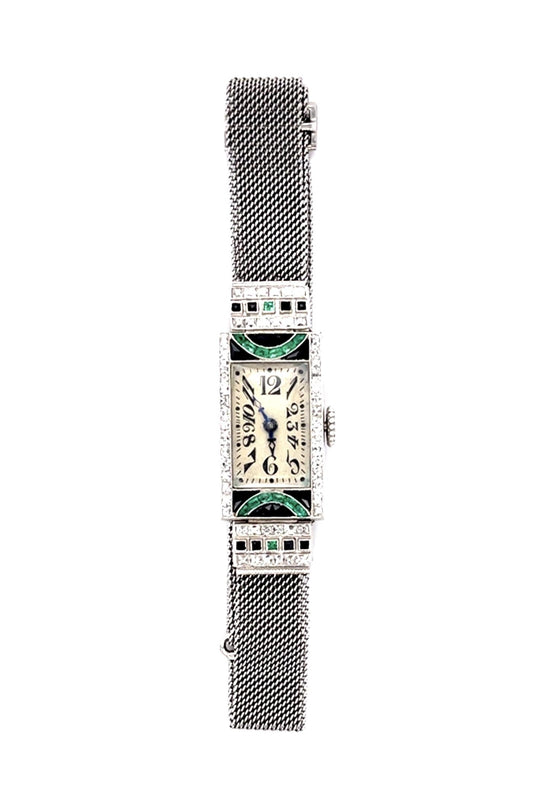 Art Deco (Circa 1920s) Antique PT Watch 1.55ct French-cut Diamonds .55ct Emerald